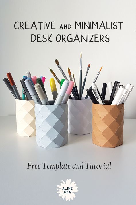 Free template and tutorial to help you to craft this pencil, pen or brushes stands. Organize your desk and your makeup to simplify your routine and improve focus and performance. Combine the right colors to have a minimalist and stylish composition. Free template and tutorial by Aline Bea. Pencil Stand Painting Ideas, Penholder Aesthetic Diy, Diy Pencil Holder Desk Organizers, How To Make Pen Stand, Diy Pen Stand Ideas, Pencil Stand Diy, Pen Stand Craft, Pen Holder Ideas, Pen Stand Diy