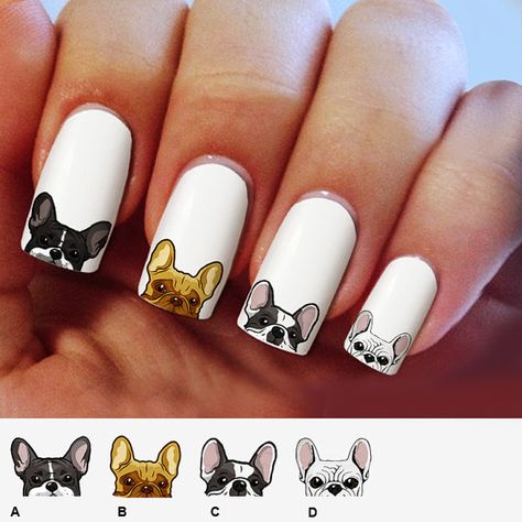 Bulldog Nail Art, Dog Nail Art, Animal Nail Designs, Disney Acrylic Nails, Waterslide Nail Decals, Unghie Nail Art, New Nail Art Design, Creative Nail Designs, Dog Nails