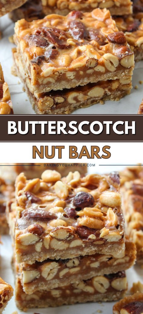 Butterscotch Nut Bars, these old fashioned nut bars combine a layer of shortbread crust, mixed nuts, and a perfect coat of butterscotch! Butterscotch Nut Bars, Salted Nut Bars Recipe, Mixed Nut Bars, Butterscotch Bars Trisha Yearwood, Sugar Free Protein Bars, Sweet Easy Recipes, Butterscotch Bars, Hard Candy Recipes, Easy Bar Recipes