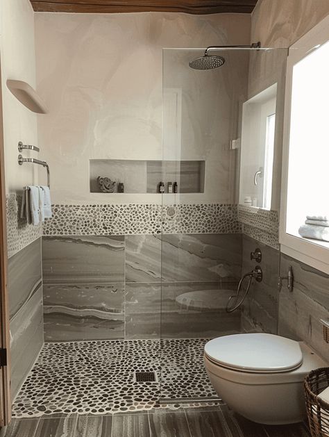 Bathroom Floor Tile Ideas: Shower with Pebble Flooring Pebble Flooring, Bathroom Floor Tile Ideas, Floor Tile Ideas, Geometric Tile Design, Tuscan Bathroom, Bathroom Floor Tile, Geometric Gradient, Pebble Floor, Industrial Style Bathroom