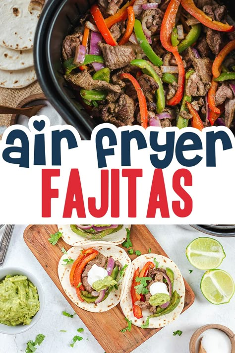 Our steak fajita recipe only takes 12 minutes to cook in the air fryer! Air Fryer Fajitas, Air Fryer Steak Fajitas, Fajitas Dinner, Fajitas Seasoning, Steak Meals, Air Fryer Beef, Beef Fajita Recipe, Steak Fajitas Recipe, Air Fry Steak