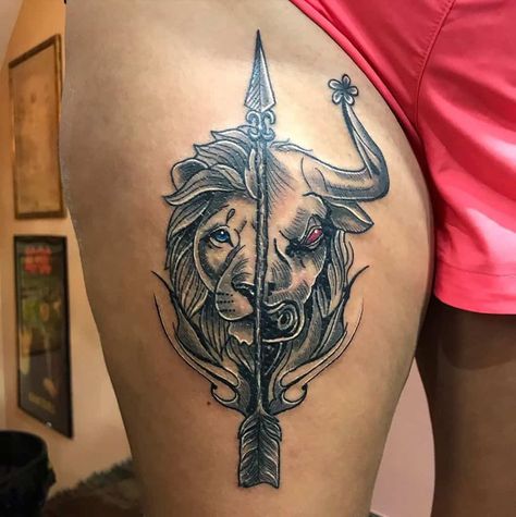 Leo Taurus Sagittarius Tattoo, Leo Taurus Tattoo Ideas, Lion And Taurus Tattoo, Taurus Leo Tattoo Design, Bull And Lion Tattoo, Leo And Taurus Tattoo Combined, Taurus And Leo Tattoo Together, Lion And Bull Tattoo, Leo Taurus Tattoo