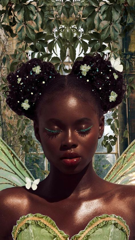 #fairy #tinkerbell #green #butterflies #nature #pretty #aesthetic #collageart #ethereal #fantasy #whimsical Fairy Beauty Aesthetic, Ethereal Black Hairstyles, How To Be A Fairy Aesthetic, Black Fairy Hairstyles, Black Goddess Fashion, Black Fairy Photoshoot, Enchanted Forest Aesthetic Outfit, Fairy Esthetics, Fairy Hairstyles Black Women