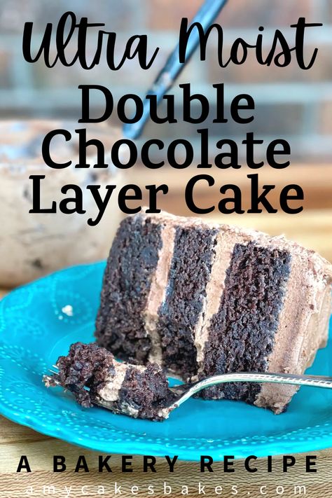 This bakery recipe for Double Chocolate Cake is truly one of my favorites--ultra-moist, rich and the perfect amount of chocolate. It's a simple combination of three layers of chocolate cake sandwiched together with fluffy chocolate buttercream frosting. Bakery Style Cake, Fudgy Cake, Double Chocolate Cake, Chocolate Cake Recipe Moist, Chocolate Buttercream Frosting, Chocolate Layer Cake, Chocolate Butter, Moist Chocolate Cake, Frozen Cake