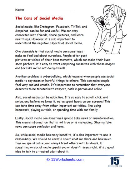 The Cons Of Social Media Worksheet - 15 Worksheets.com Pros And Cons Of Social Media, Social Media Worksheet, Disadvantages Of Social Media, What Is Media, Social Media Writing, Kindergarten Social Studies, Values Education, 11th Grade, Media Influence