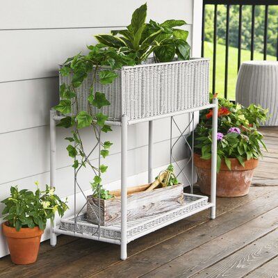 Show off your plant collection with this stylish two-tier plant stand. The stand is composed of a study wire frame and includes two shelf components, a planter box, and a tray, that can be used interchangeably on either level. Use both shelves on the wire stand, or separate them, using the planter box or tray on its own on a porch or in a window. The shelves are made of plastic resin that has been woven to give the baskets a wicker-like appearance without the limited durability of the wicker or Tier Plant Stand, Elevated Planter, Outdoor Garden Planters, Support Pour Plante, Plant Stands Outdoor, Wicker Planter, Indoor Outdoor Planter, Entryway Console, Storage Stand