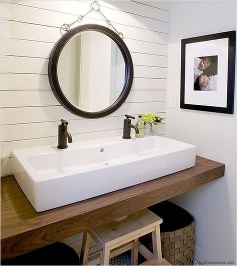 No room for a double sink vanity? Try a trough style sink with two faucets for a space-saving alternative. Narrow Bathroom Vanities, Makeover Kamar Mandi, Farmhouse Bathroom Sink, Farmhouse Bathroom Vanity, Narrow Bathroom, Casa Country, Modern Farmhouse Bathroom, Master Bath Remodel, Double Vanity Bathroom