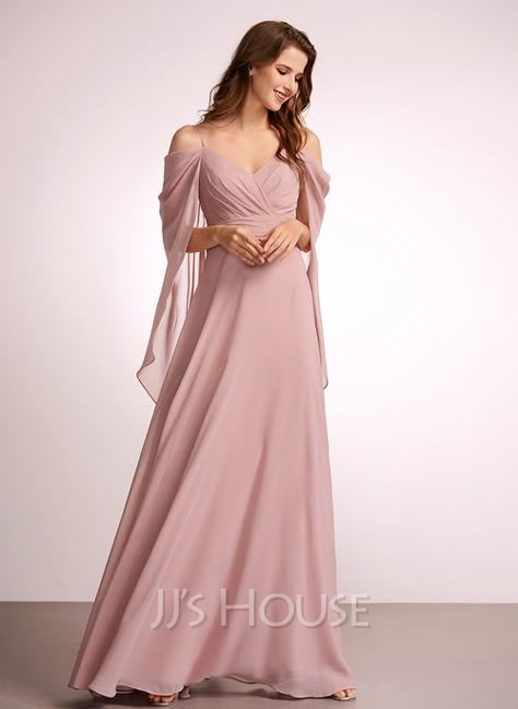 A-Line V-neck Floor-Length Bridesmaid Dress (007262606) - JJ's House Off Shoulder Floor Length Dress, Dusty Rose Brides Maid Dress, Maid Of Honor Dress With Sleeves, Dusty Rose Bridesmaid Dress Long Sleeve, Tulle Gown Bridesmaid With Sleeves, Hobbit Bridesmaid Dresses, Blush Bridesmaid Dresses With Sleeves, Plus Size Dusty Rose Bridesmaid Dresses, Bridesmaid Dress With Cape