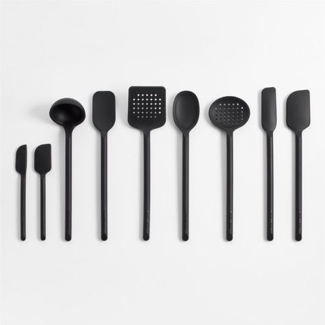 Crate & Barrel Black Silicone Utensils, Set of 9 + Reviews | Crate & Barrel Modern Kitchen Tools, Black Utensils, Best Wedding Registry, Silicone Utensils, Wedding Registry Items, Silicone Utensil Set, Maple Pumpkin, Kitchenaid Artisan, Cooking Challenge