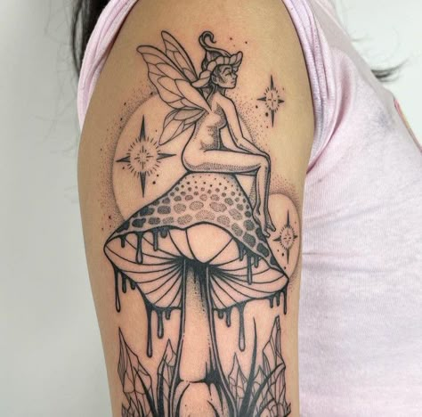 Fairy Themed Tattoo Sleeve, Fairy On A Mushroom Tattoo, Fairy Sitting On Mushroom Tattoo, Fairy Garden Tattoo Sleeve, Mushroom Fairy Tattoo, Mushroom Lady Tattoo, Cool Nature Tattoos, Nature Tattoo Ideas, Fairy Tattoos