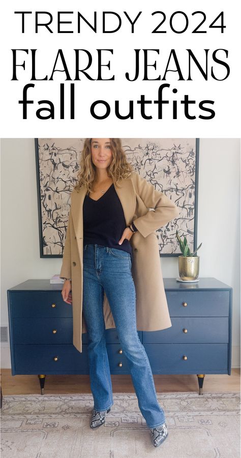 #flarejeans #falldenimflare #falldenim #falloutfits2024 Fall Shoes With Flare Jeans, Flare Jeans Outfit 2024, Shoes With Bell Bottom Jeans, Winter Flare Jeans Outfit, Fall Flare Jeans, Flare Jeans And Sneakers, What To Wear With Flare Jeans, Styling Flare Jeans, Blue Jeans Outfit Winter