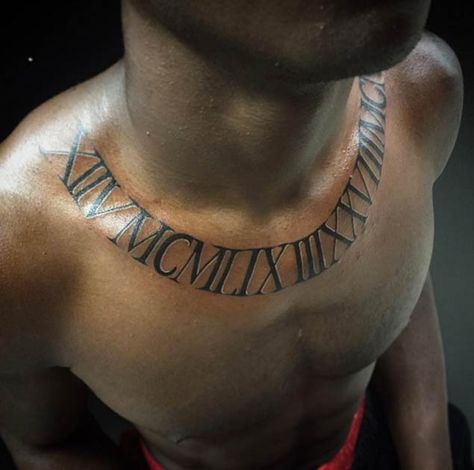 Chest Tattoo Roman Numerals, Roman Numeral Tattoo Font, Roman Numerals Tattoo, Numerals Tattoo, Collar Bone Tattoo For Men, Collar Tattoo, Numbers Tattoo, Roman Tattoo, Roman Numeral Tattoo