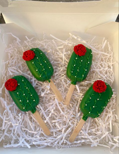 Cactus Cakesicles, Cactus Rose, Mexican Theme, Chocolate Dipped Strawberries, Strawberry Dip, Green Cactus, Chocolate Dipped, Theme Ideas, Chocolate Covered