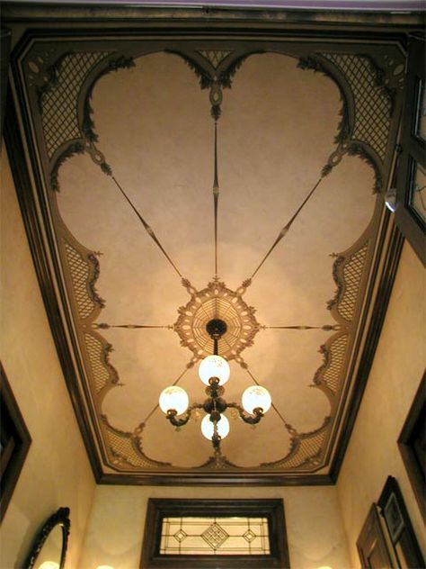 Painted ceilings- It's all about the detail. European Foyer, Victorian Vestibule, Victorian Ceiling Design, Painted Ceiling Mural, Victorian Style Interior, Ceiling Artwork, Ceiling Painted, Victorian Ceiling, Steampunk Interior