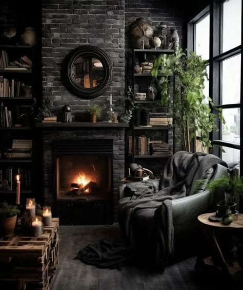 Dark Academia Interior, Dark Cozy Bedroom, Gothic Living Room, Brick Interior, Dark Living Rooms, Dark Home Decor, Black Brick, Goth Home, Goth Home Decor