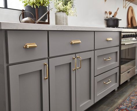 Kitchen With Gray Cabinets, Dapur Moden, Kabinet Dapur, Gray Cabinets, Classic Kitchen, Kitchen Hardware, Kitchen Cabinet Colors, Grey Kitchen, Ikea Kitchen