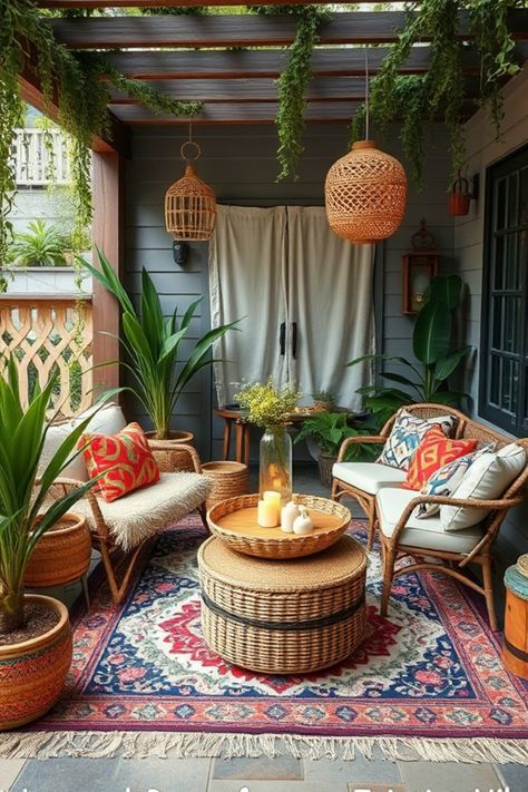 This pin showcases an array of bohemian patio ideas perfect for transforming your outdoor area. Featuring vibrant designs, cozy furniture, and a mix of decor elements to inspire your stylish outdoor space using 1 image. Bohemian Patio Ideas, Bohemian Outdoor Spaces, Boho Outdoor Patio, Apartment Patio Ideas, Outdoor Hangout, Colorful Cushions, Bohemian Patio, Boho Patio, Apartment Patio