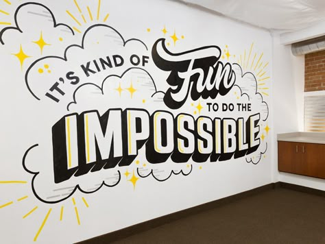 Just recently received some glorious photos of my most recent mural from my boy, Brian. He did an excellent job with the photos!  I also just began my full-time freelance career here in NYC so if y... Office Wall Graphics, Office Mural, Office Wall Design, School Murals, Typography Wall Art, Mural Design, Salou, Mural Wall Art, Office Walls