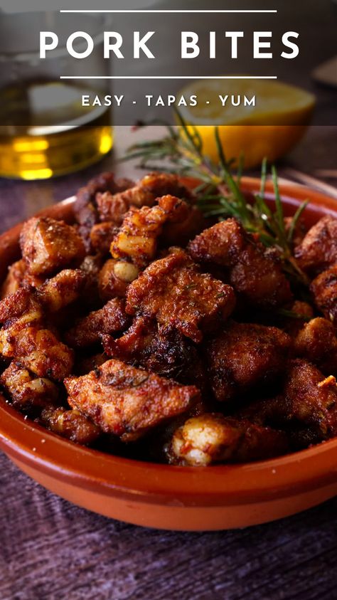 Pork Tapas Recipes, Pork Loin Appetizer Recipes, Spanish Pork Belly Recipes, Pork Appetizers For Party, Pork Chop Appetizer, Dinner Starter Ideas, Pork Belly Appetizer Recipes, Pork Appetizer Recipes, Pork Belly Bites Recipes