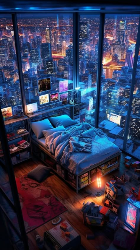 Room Window Aesthetic, Cyberpunk Aesthetic Room, Cyberpunk Bedroom, Cyberpunk House, Cyberpunk Apartment, Cyberpunk Room, Cyberpunk World, Futuristic Bedroom, Tall Windows