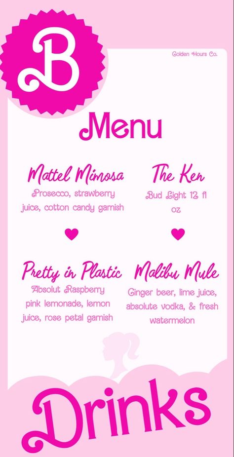 #barbie #barbieinspo #barbieparty #barbietheme #menu #menuinspo #drinkmenuinspo Barbie Menu Ideas, Barbie Food Ideas, Barbie 30th Birthday Party, Barbie Campaign, Barbie Bar, Barbie Drink, Bartending Business, Event Planning Board, Barbie Bday