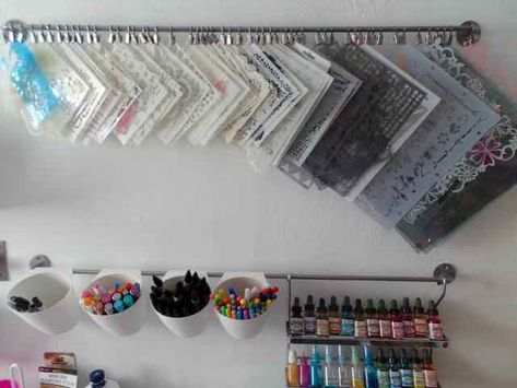 I have just had this great idea which I thought I would share with you. Here is a photo of my stencil display rack in my art room. My stencils are stored on a rail from Ikea and the hooks are from … Organize Acrylic Paints Storage Ideas, Acrylic Paint Storage Diy, Stencil Storage, Stencil Storage Ideas, Stencil Organization Storage Ideas, Acrylic Paint Storage Wall, Acrylic Paint Tube Storage Ideas, Stencil Storage Organizing, Storage For Acrylic Paint Bottles