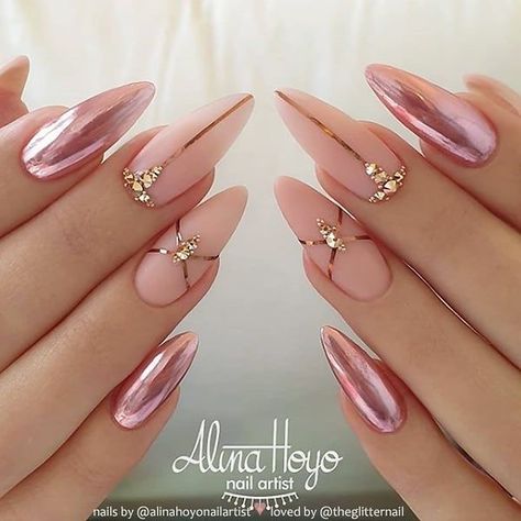 Ballerina Nails Designs, Rose Gold Nails Design, Metallic Nail Art, Gold Nail Designs, Solid Color Nails, Nail Effects, Gold Nail, Rose Gold Nails, Ballerina Nails