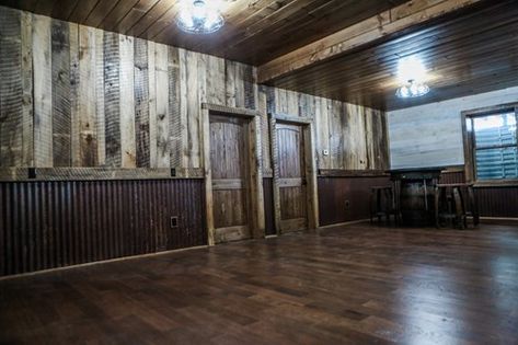 How to Make Wood Paneling Look More Modern | Northern Log Bunkhouse Makeover, Archery Room, Tin And Wood Walls, Storage Homes, Barn Tin Wall, Old Wood Paneling, Rustic Wainscoting, Tin Wainscoting, Hunting Room Decor