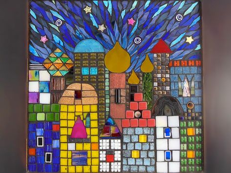 "Peaceful Town" Glass, ceramic, and specialty tiles, stained glass city scape mosaic Mosaic Houses, Glass City, Mosaic Art Supplies, Mosaic Flower Pots, Mosaic Table Top, Mosaic Garden Art, Mosaic Tile Art, Glass Creations, City Scape