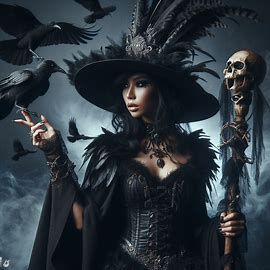 dark fantasy setting with a female sorcerer with long dark robe with raven feathers as well as a dark feathered witch style hat and a magical skull topped staff - Image Creator from Microsoft Designer Female Crow Costume, Raven Witch, Skull Staff, Raven Woman Art, Raven Queen Warlock, Beautiful Raven Haired Woman, Skull Top, Raven Feather, Dark Witch