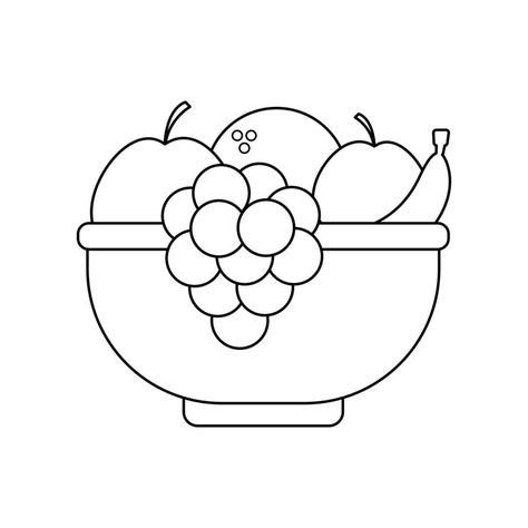 Bowl with fruilts. Simple vector linear icon with outline isolated on white background. contour black and white drawing of fruit plate for coloring. Grape, apple, banana, orange icon. Drawing Of Fruit, Orange Icon, Plate Drawing, Grape Apple, Orange Icons:), White Drawing, Outline Drawings, Fruit Plate, Black And White Drawing