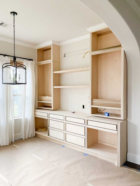 Kitchen Nook Built-in Measurements - Crazy Wonderful Dinning Room Cabinet Built In, Shallow Built In Cabinets, Asymmetrical Built Ins, Built In Cabinets In Dining Room, Kitchen Built In Hutch, Dinning Room Cabinet, Dining Room Built Ins, Kitchen Built In, Rolling Table