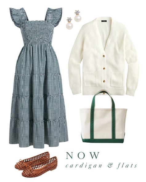 THE EMERALD GINGHAM NAP DRESS: NOW AND LATER - CARLY Nap Dress Outfit, Now And Later, Nap Dress, So Many Questions, Cream Cardigan, Hill House, Woven Tote Bag, Dress With Cardigan, White Sneakers