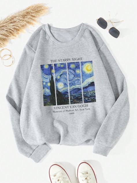 Oil Painting & Slogan Graphic Thermal Lined SweatshirtI discovered amazing products on SHEIN.com, come check them out! White Crewneck Sweatshirt, Women Sweatshirts, Loose Fabric, Type Graphic, Print Pullover, Black Style, Shoulder Sleeve, Fashion Online Shop, Pullover Sweatshirt