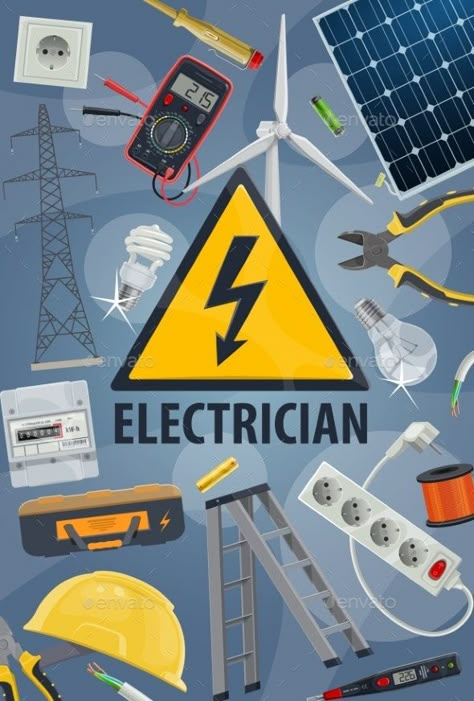 Electrician Logo, Electrician Work, Electrician Tools, Work Tools, Digital Illustrations, Electrical Wiring, Light Bulbs, Digital Illustration, Tower