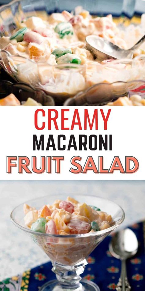 This creamy and colorful Filipino macaroni fruit salad combines sweet fruits, tender pasta, and a rich dressing, making it the perfect dish for any event. It's easy to make, customizable, and a crowd favorite! Macaroni Fruit Salad Filipino, Filipino Macaroni Fruit Salad Recipe, Filipino Fruit Salad Recipe, Macaroni Fruit Salad Recipe, Macaroni Fruit Salad, Filipino Desert, Filipino Fruit Salad, Thanksgiving Chocolate Desserts, Thanksgiving Desserts Apple