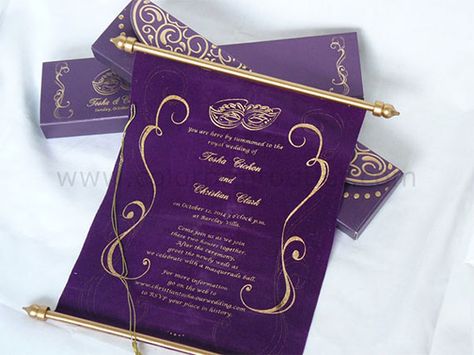 ELEGANT MARDI GRAS SCROLL IN A BOX #catchmyparty #partyideas #mardigrasinvitation #mardigras Crimson Background, Mardi Gras Invitations, Masquerade Invitations, Mardi Gras Wedding, Masks Black, Scroll Invitation, Disney Princess Wedding, Purple And Gold Wedding, Debut Ideas