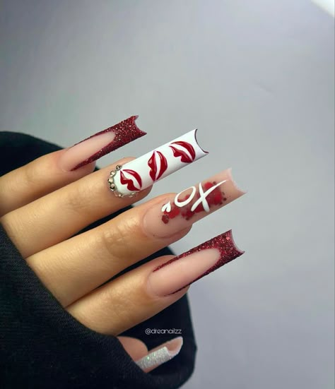 Vday Nails, Red Acrylic Nails, Long Acrylic Nail Designs, Nail Designs Valentines, Unique Acrylic Nails, Long Square Acrylic Nails, Bling Acrylic Nails, Pink Acrylic Nails, Fancy Nails