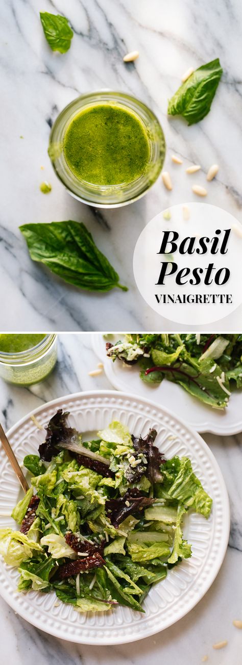 Simple basil pesto vinaigrette recipe! This dressing goes great with bright summer flavors.  cookieandkate.com Pesto Dressing Salad, Basil Pesto Salad, Pesto Salad Dressing, Pesto Vinaigrette, Dressing Salad, Cookie And Kate, Pesto Salad, Pesto Dressing, Summer Flavors