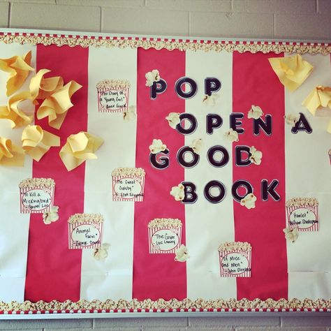 Pop Open a Good Book bulletin board Pop Open A Good Book, Book Bulletin Board, Elementary Librarian, Read A Thon, Book Tasting, Reading Display, Library Bulletin Board, Reading Month, Visual Literacy