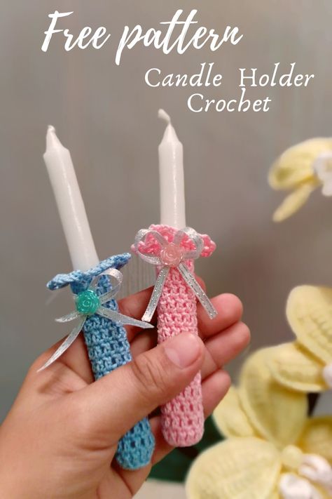 Crochet Candle Holder Crochet Candle Cozy, Baptismal Giveaways, Crochet Candle Holder, Unusual Candles, Crochet Candle, Striped Candles, Beaded Candle, Crochet Baby Gifts, Christening Candle