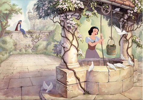 Snow White by the wishing well and singing and wishing for her Prince Snow White Wishing Well, Walt Disney Signature, Disney Bride, Snow White Disney, Ap Studio Art, Snow White And The Seven Dwarfs, Princess Drawings, The Seven Dwarfs, Walt Disney Animation Studios