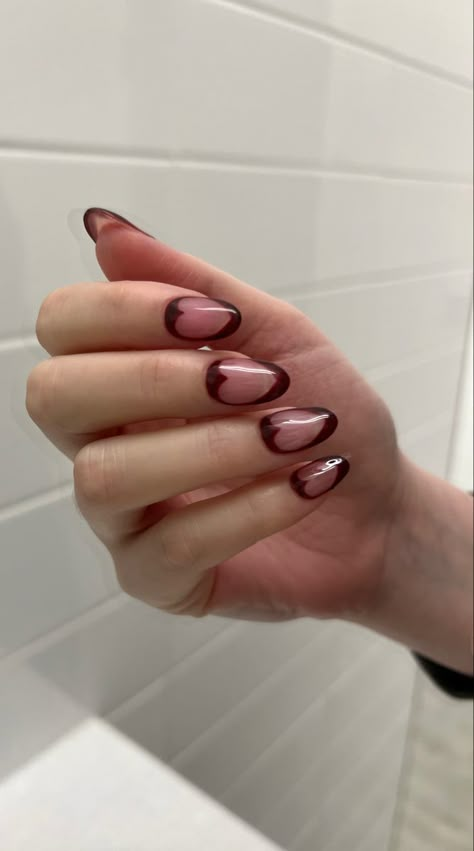 Dark, cherry, luxury, unique, heart shaped red french nails Heart French Nails, Dainty Hands, Nail Inspo 2023, Red Nail Inspo, Luxury Press On Nails, Hair Tinsel, Medium Almond, Modern Nails, Spring Nail Colors