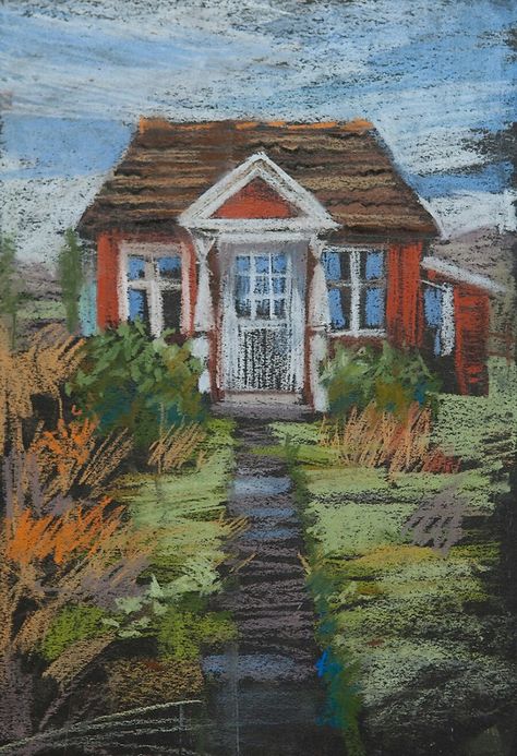 Soft Pastel Architecture Drawing, Oil Pastel House Drawing, Oil Pastel House, House Oil Pastel, Chalk Pastel Drawings, Red Barn Painting, Chalk Pastel Art, Oil Pastel Colours, Soft Pastels Drawing