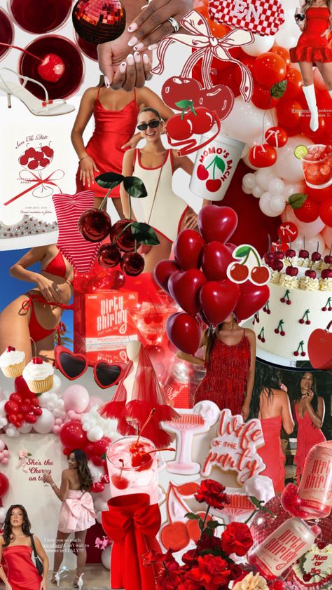 Red And White Bachelorette Party, Bachelorette Mood Board Theme, Shes The Cherry On Top Theme, Cherry Theme Bachelorette Party, Cherry On Top Party Theme, Mon Cheri Party, Cherry On Top Bachelorette, Bachelorette Theme Days, Bach Weekend Themes