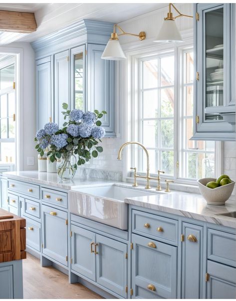 Hydrangea Cottage, French Kitchens, Blue Kitchen Designs, Light Blue Kitchens, Coastal Kitchen Design, Pastel Kitchen, Victorian Interior, Blue Kitchen Cabinets, Casa Country