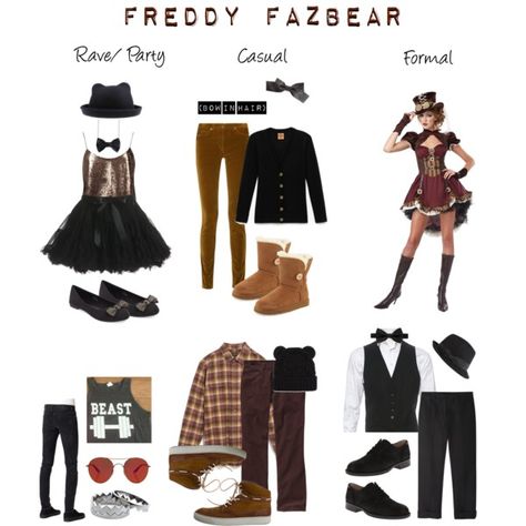 Freddy Fazbear by ineeda on Polyvore featuring moda, Tory Burch, OBEY Clothing, Ted Baker, Yves Saint Laurent, Maison Margiela, UGG Australia, Sam Edelman, Eddie Borgo and Freena Freddy Fazbear Halloween Costume, Freddy Fazbear Outfit, Freddy Fazbear Costume, Freddy Fazbear Cosplay, Fnaf Clothes, Fnaf Outfits, Fnaf Costumes, Fnaf Cosplays, Cosplay Fnaf