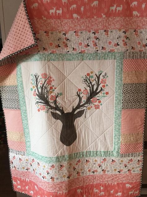 Deer Panel Baby Boy/Girl Quilted Blanket, Woodland Baby Quilt, Stag Deer, Tulip Gray Mint or Marine Baby Girl Quilt Ideas, Woodland Baby Quilt, Hello Bear, Caroline Rose, Girl Quilts, Stag Deer, Quilted Blanket, Forest Baby