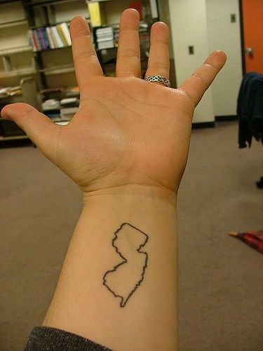 New Jersey tattoo. Smaller, and different location, but considering... Nj Tattoo, Jersey Tattoo, New Jersey Tattoo, Sister Tat, State Tattoos, Outline Tattoo, Tattoo People, Small Tattoos For Guys, State Outline