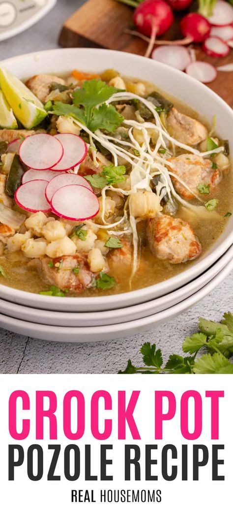 Meaty, Mexican comfort food in a bowl - Crock Pot Pozole! This satisfying, savory, slow-cooker recipe inspires cozy suppers around the table! Crock Pot Pozole, Crockpot Pork Posole, Posole Crockpot, Crockpot Pozole, Slow Cooker Posole, Easy Pozole Recipe, Pork Posole, Posole Recipe, Pozole Recipe